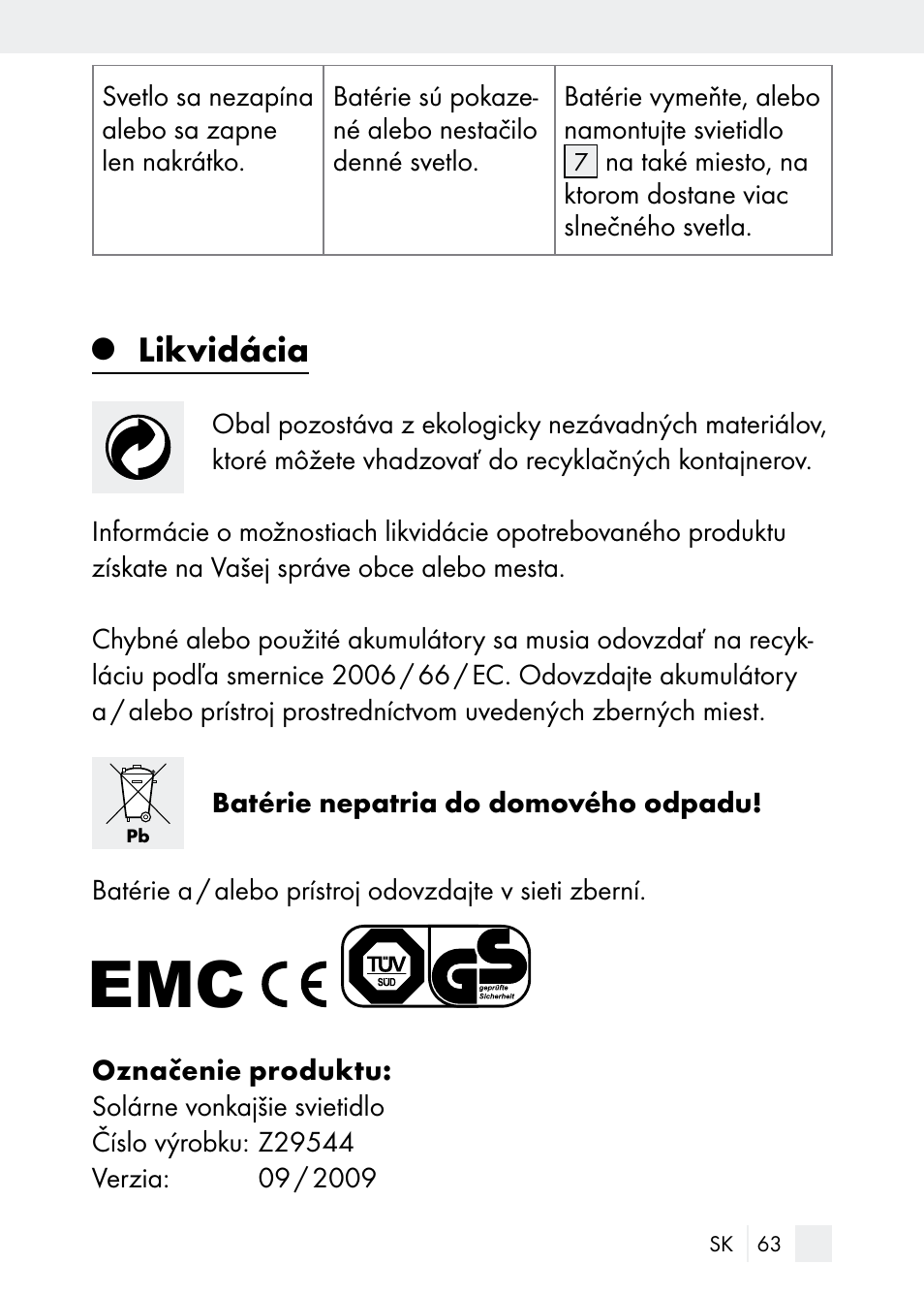 Likvidácia | Florabest Z29544 User Manual | Page 63 / 88