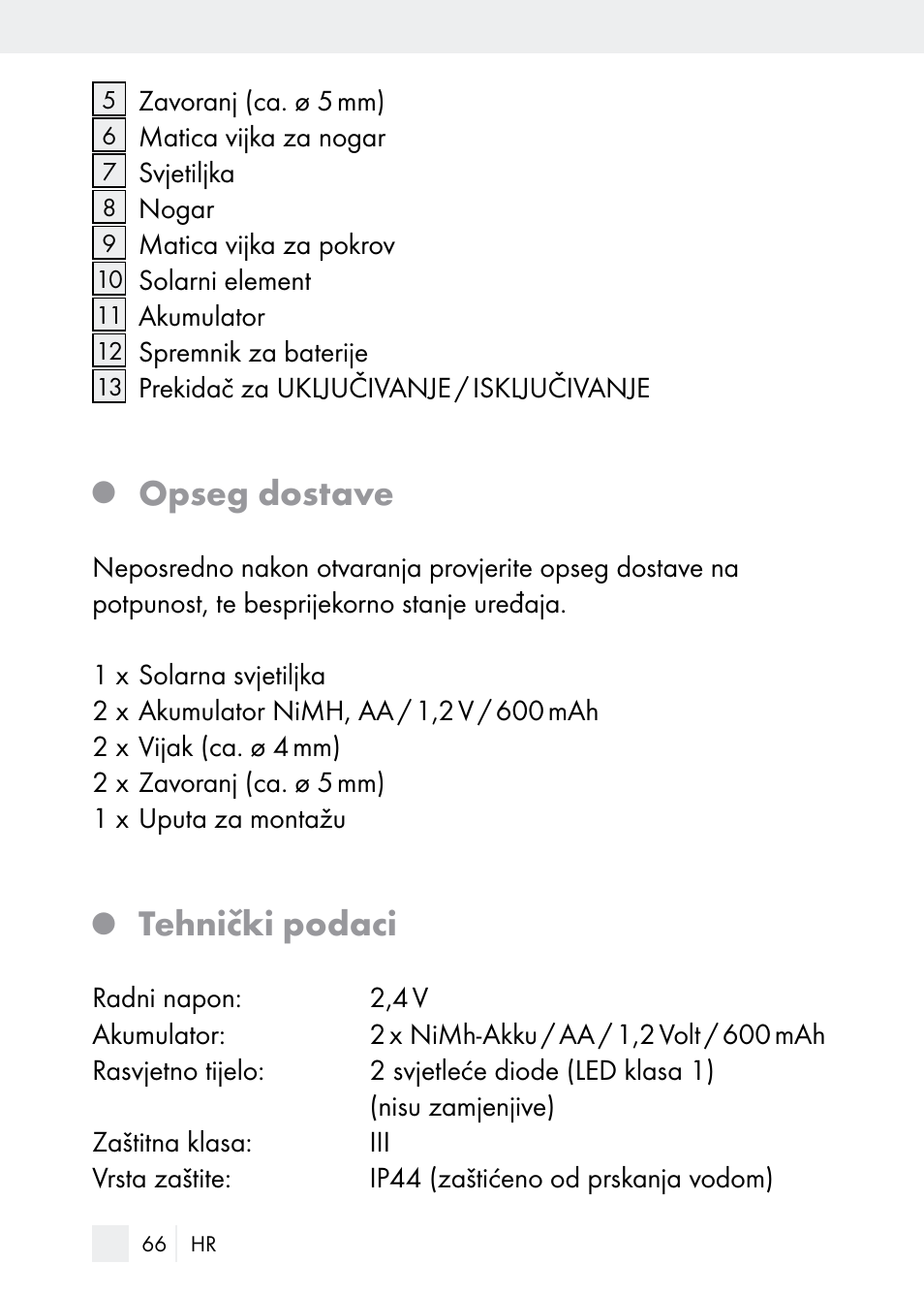 Opseg dostave, Tehnički podaci | Florabest Z29544 User Manual | Page 66 / 88