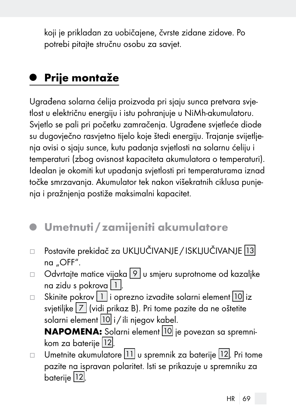 Prije montaže, Umetnuti / zamijeniti akumulatore | Florabest Z29544 User Manual | Page 69 / 88