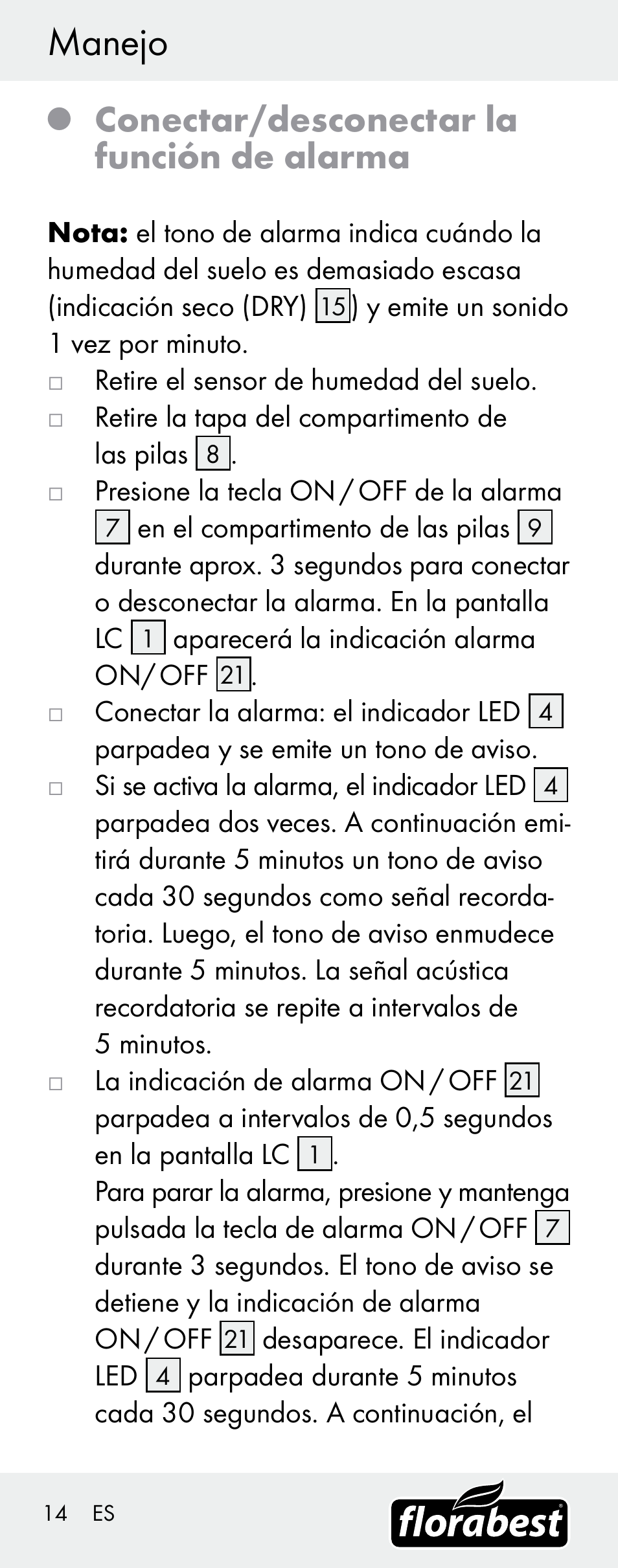 Manejo, Conectar/desconectar la función de alarma | Florabest H14335 User Manual | Page 14 / 76