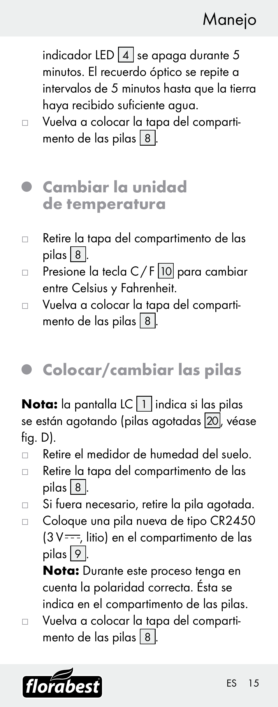 Manejo, Cambiar la unidad de temperatura, Colocar/cambiar las pilas | Florabest H14335 User Manual | Page 15 / 76