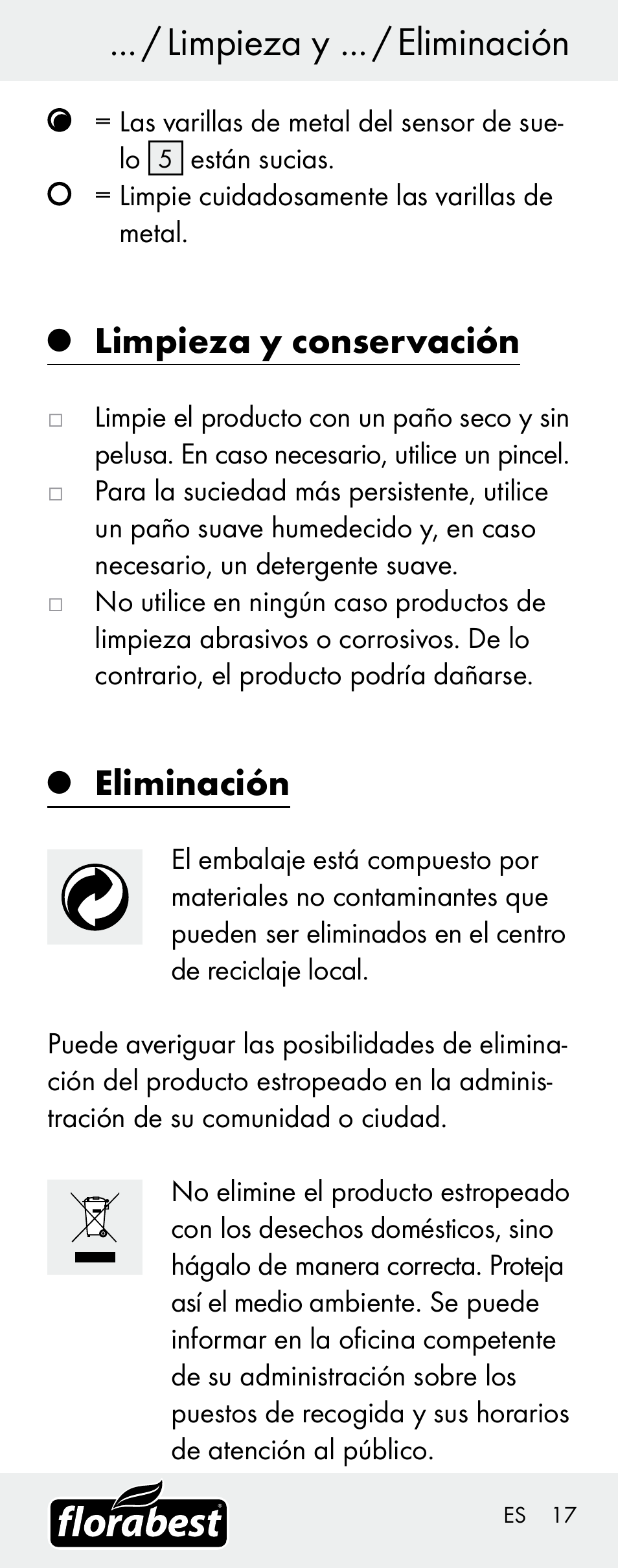 Limpieza y ... / eliminación, Limpieza y conservación, Eliminación | Florabest H14335 User Manual | Page 17 / 76