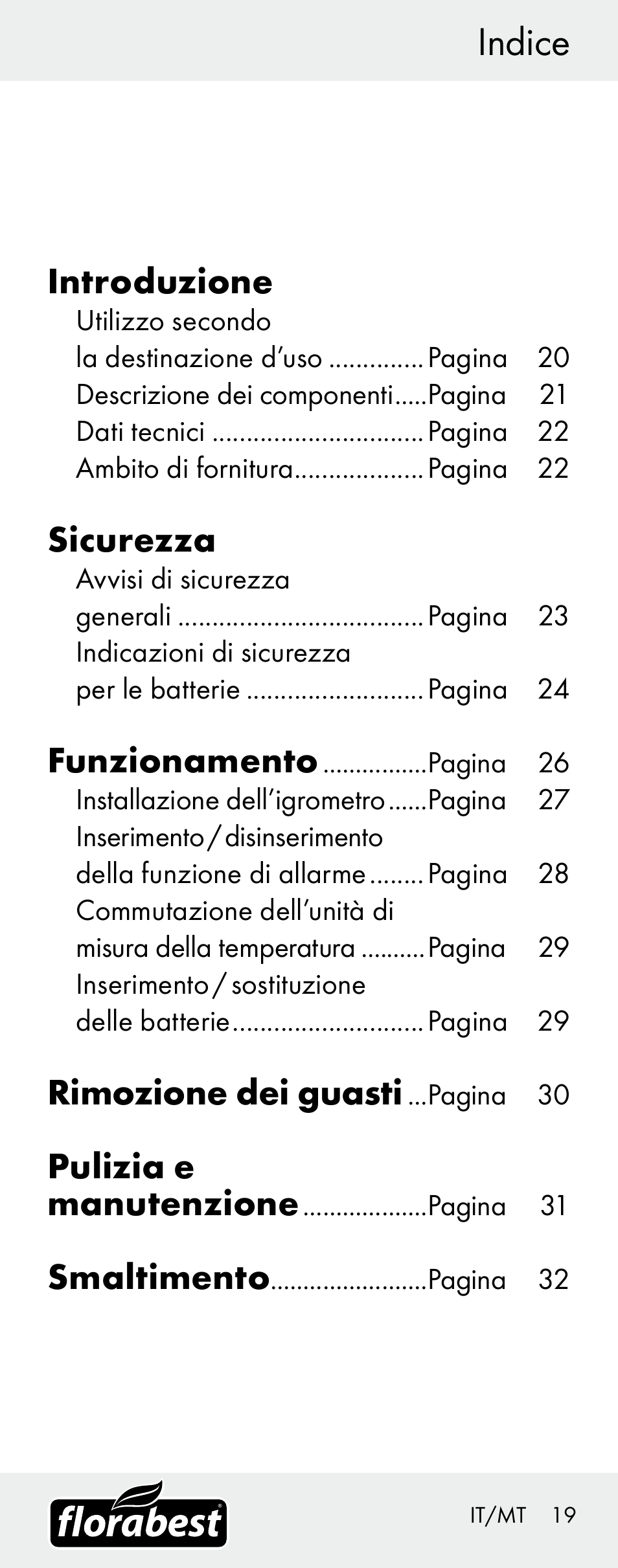Indice, Introduzione, Sicurezza | Funzionamento, Rimozione dei guasti, Pulizia e manutenzione, Smaltimento | Florabest H14335 User Manual | Page 19 / 76