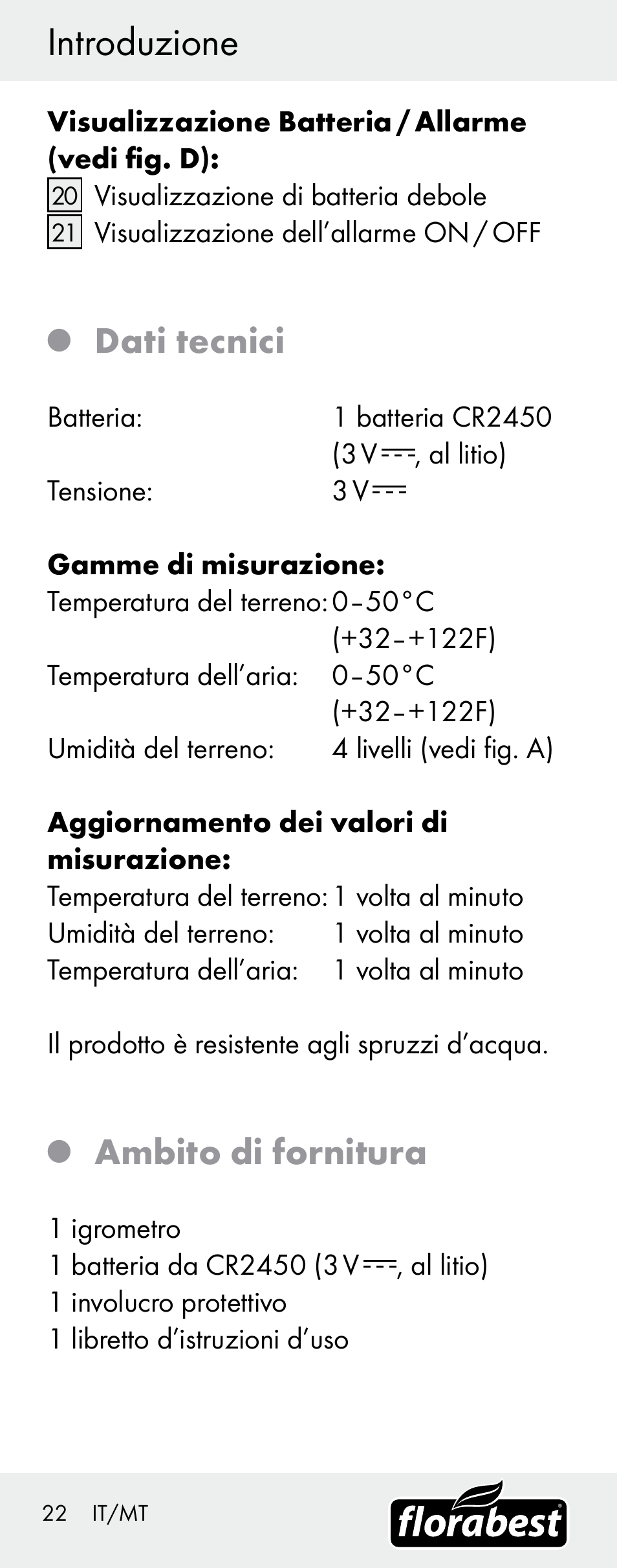 Introduzione, Sicurezza, Dati tecnici | Ambito di fornitura | Florabest H14335 User Manual | Page 22 / 76