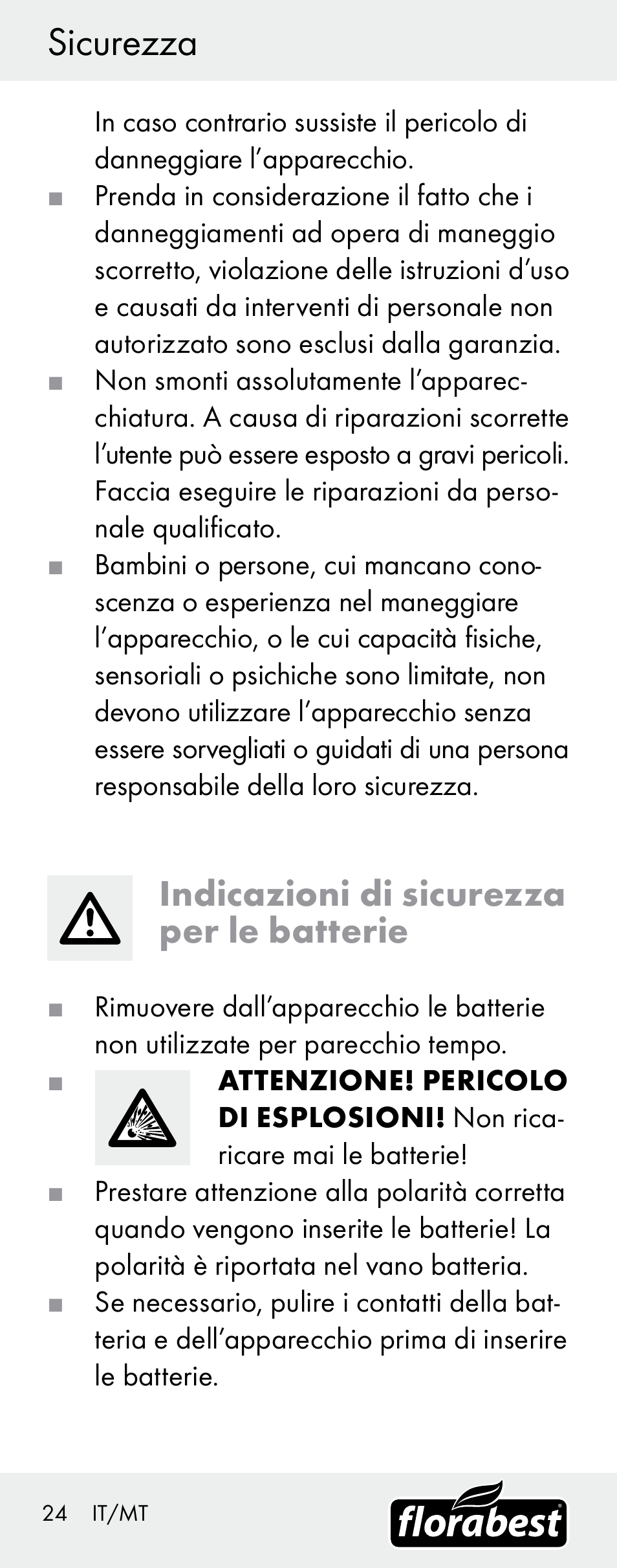 Sicurezza, Indicazioni di sicurezza per le batterie | Florabest H14335 User Manual | Page 24 / 76