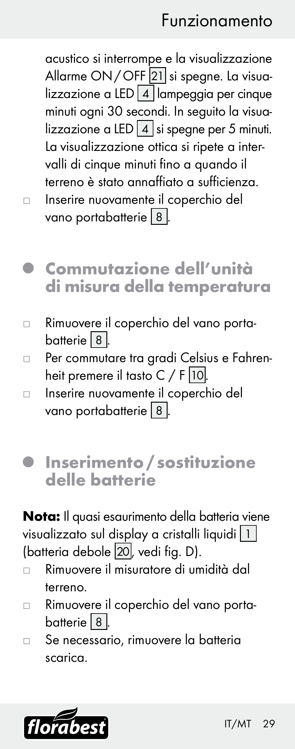 Funzionamento, Inserimento / sostituzione delle batterie | Florabest H14335 User Manual | Page 29 / 76