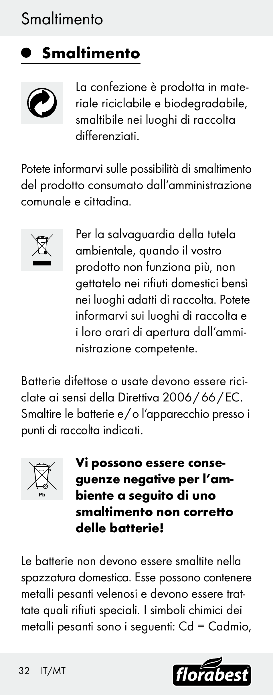 Smaltimento | Florabest H14335 User Manual | Page 32 / 76