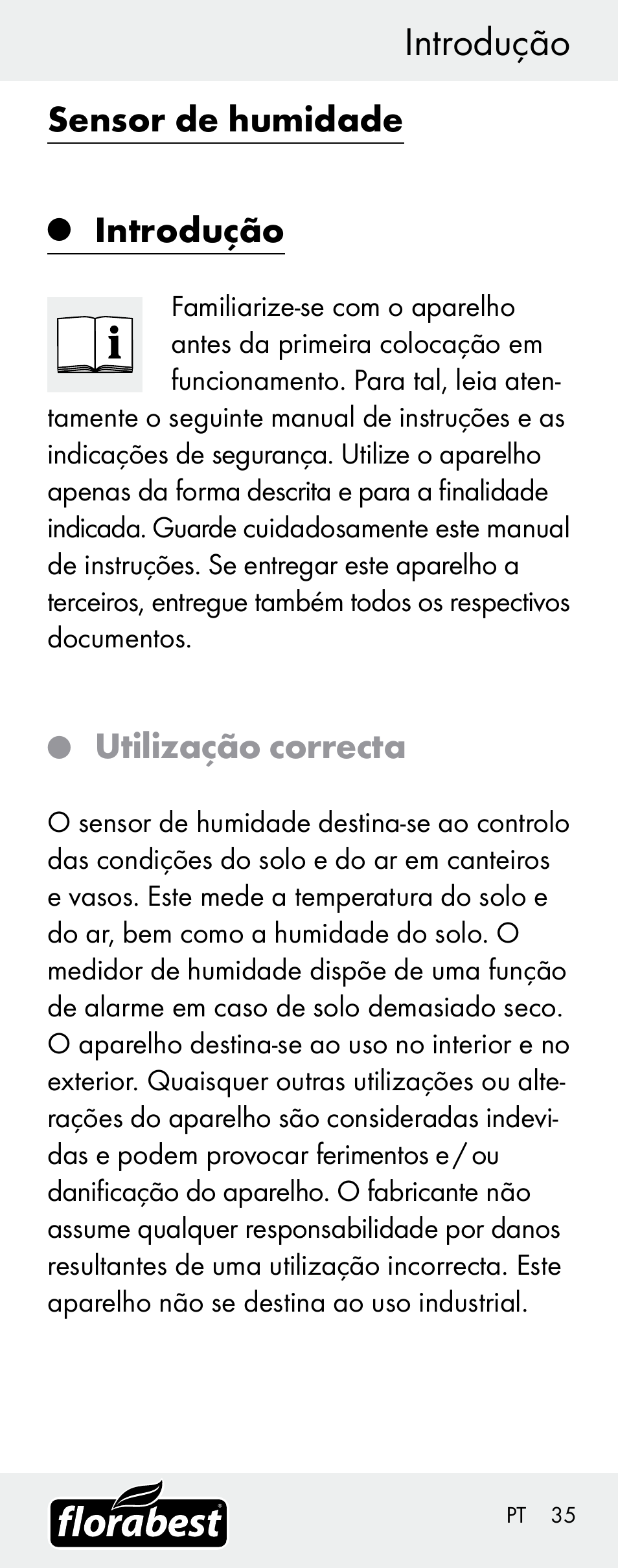 Índice introdução, Sensor de humidade, Introdução | Utilização correcta | Florabest H14335 User Manual | Page 35 / 76