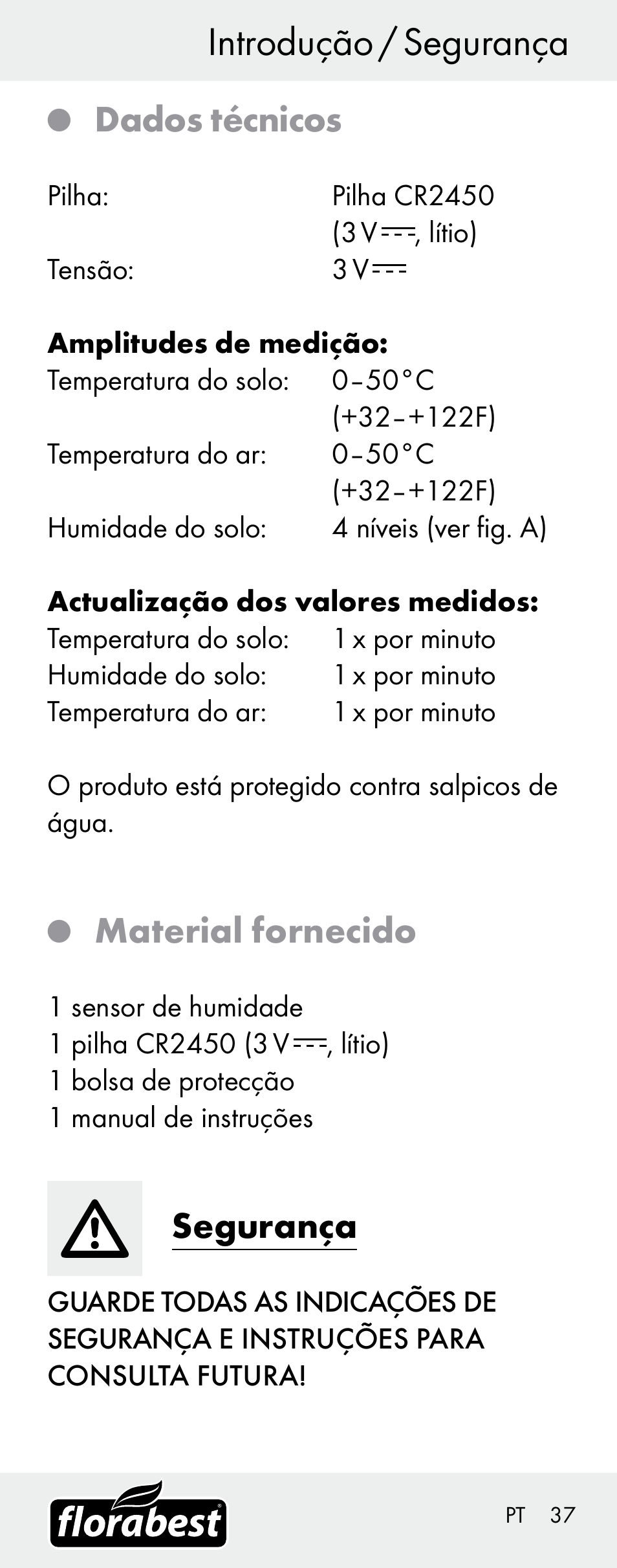 Introdução introdução / segurança, Dados técnicos, Material fornecido | Segurança | Florabest H14335 User Manual | Page 37 / 76