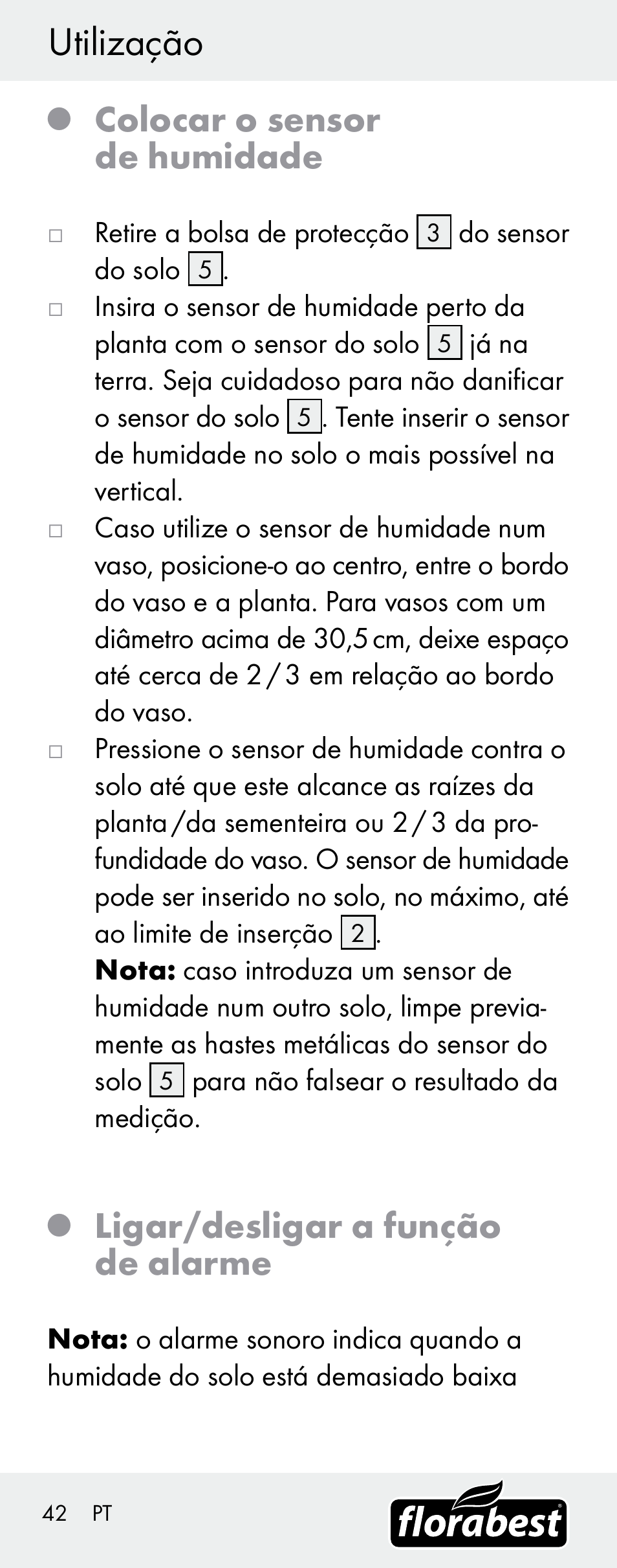 Utilização, Colocar o sensor de humidade, Ligar/desligar a função de alarme | Florabest H14335 User Manual | Page 42 / 76