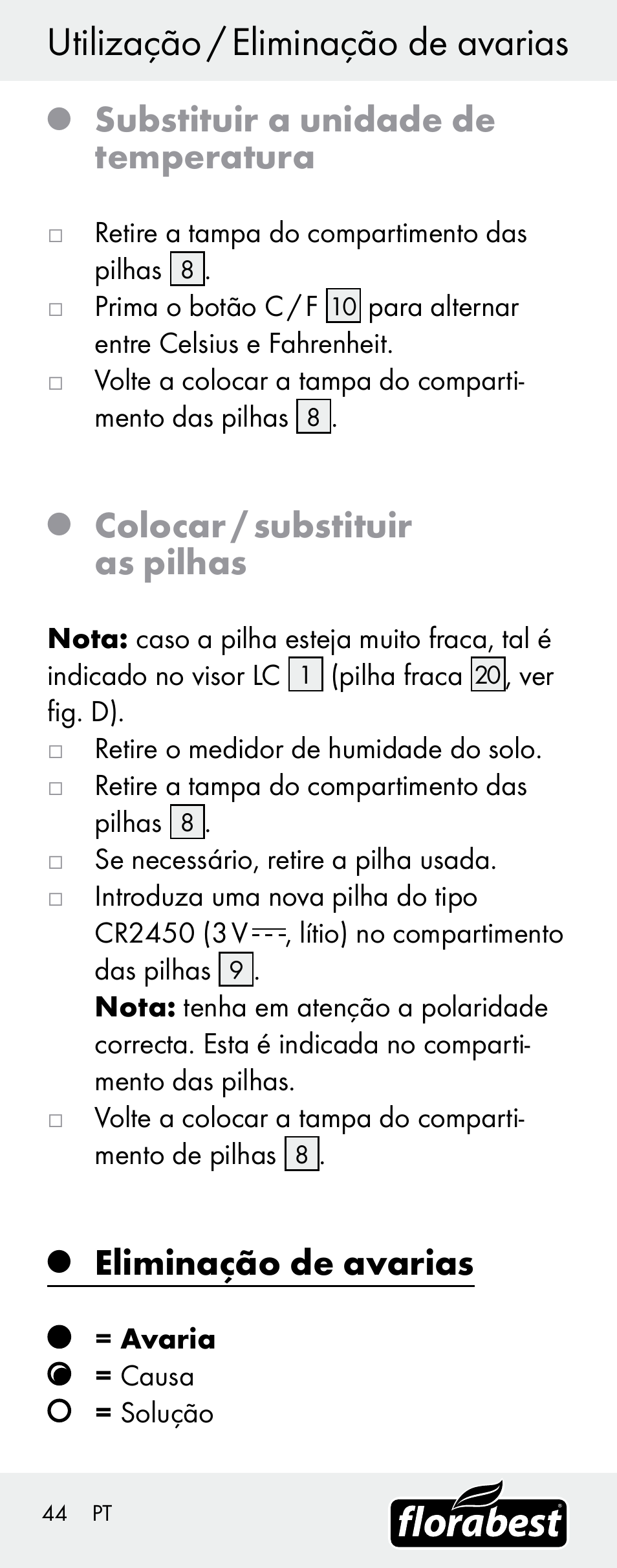Utilização / eliminação de avarias, Substituir a unidade de temperatura, Colocar / substituir as pilhas | Eliminação de avarias | Florabest H14335 User Manual | Page 44 / 76