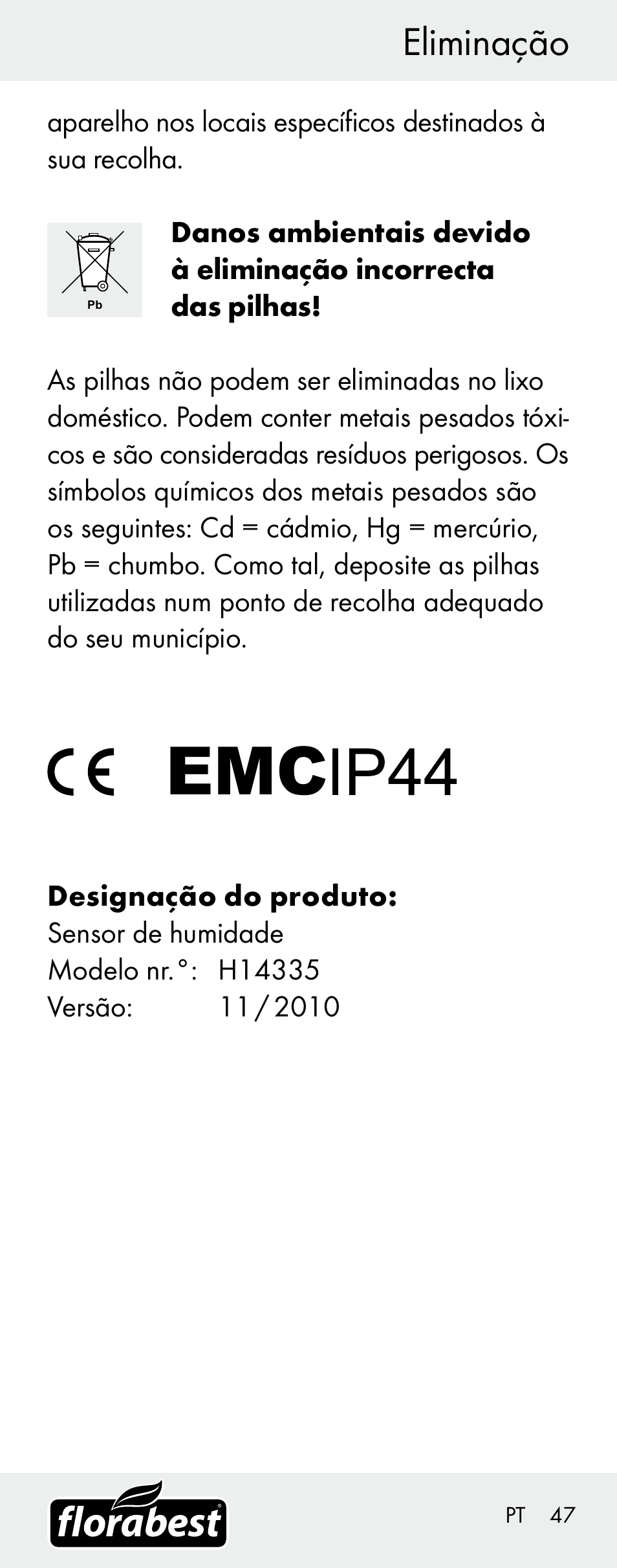 Eliminação, Limpeza e ... / eliminação | Florabest H14335 User Manual | Page 47 / 76