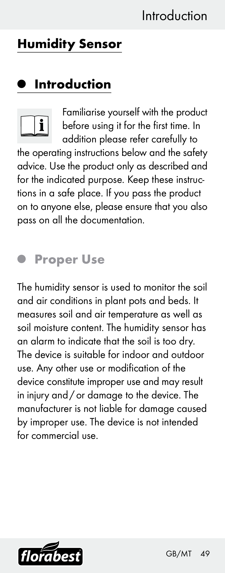 Introduction, Humidity sensor, Proper use | Florabest H14335 User Manual | Page 49 / 76