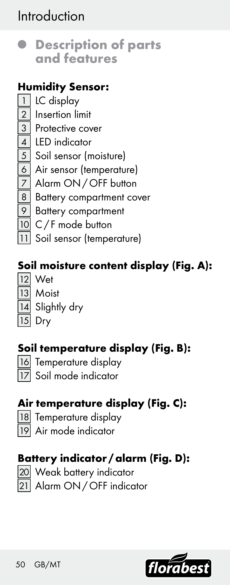 Introduction, Description of parts and features | Florabest H14335 User Manual | Page 50 / 76