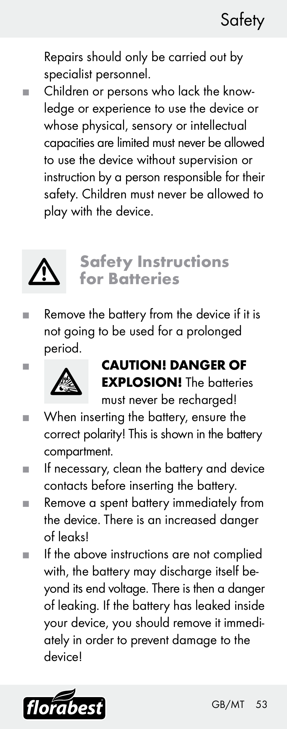 Safety, Safety instructions for batteries | Florabest H14335 User Manual | Page 53 / 76