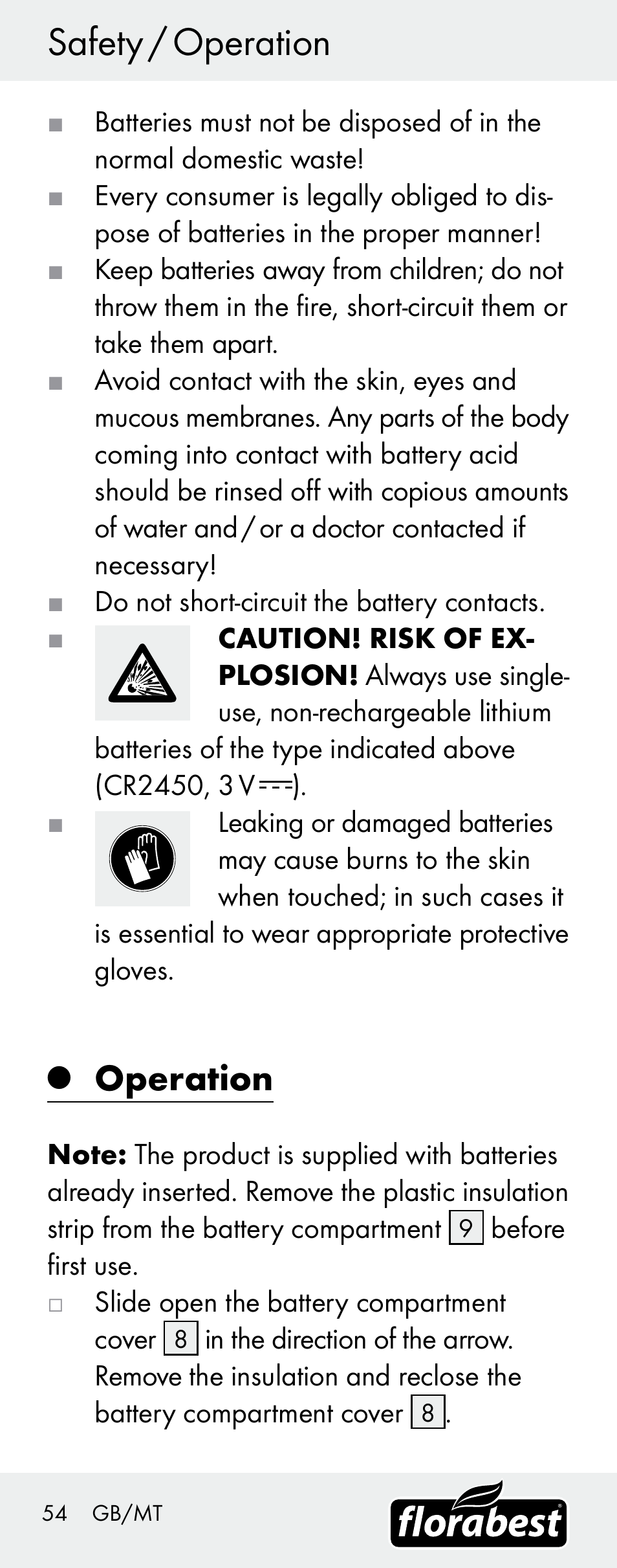 Safety / operation, Operation | Florabest H14335 User Manual | Page 54 / 76