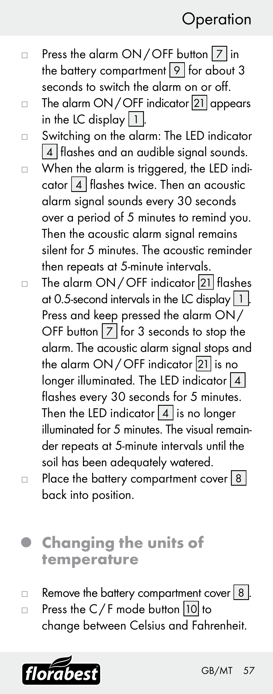 Operation, Changing the units of temperature | Florabest H14335 User Manual | Page 57 / 76