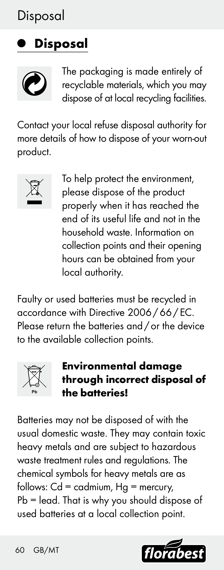 Disposal | Florabest H14335 User Manual | Page 60 / 76