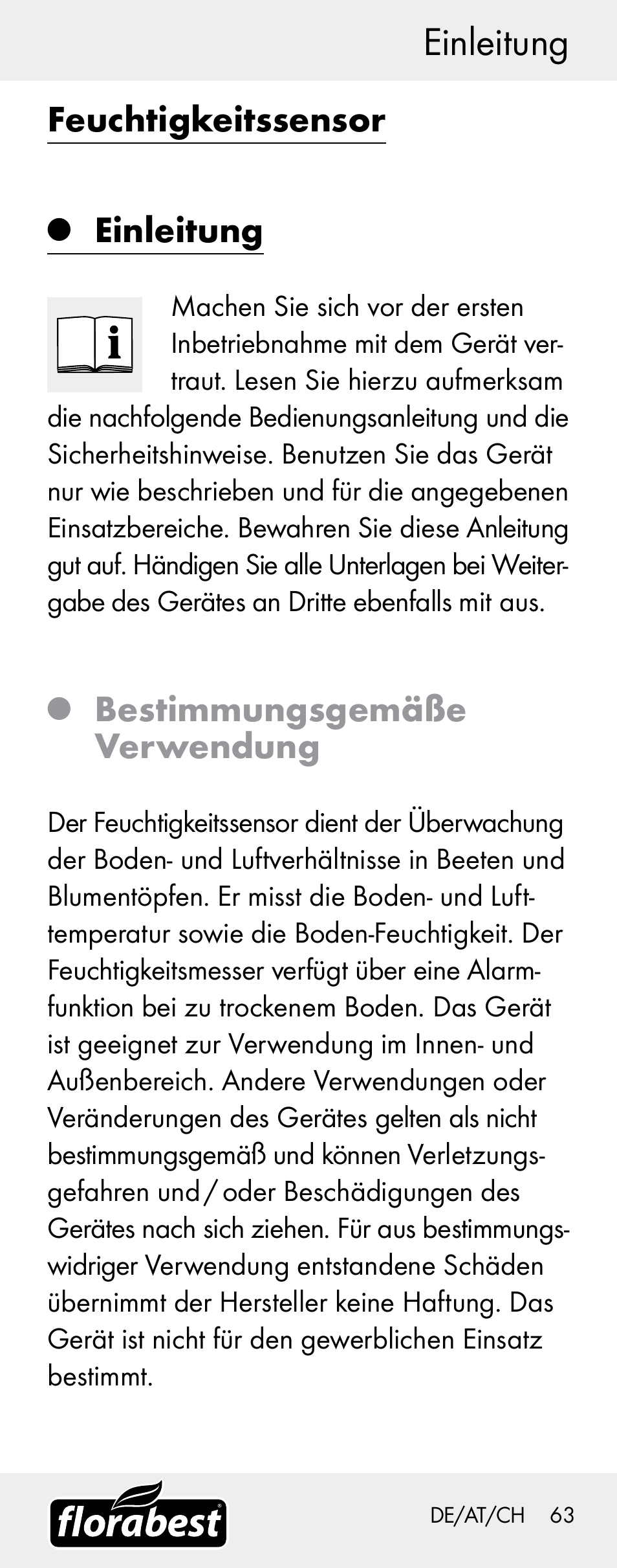 Einleitung, Feuchtigkeitssensor, Bestimmungsgemäße verwendung | Florabest H14335 User Manual | Page 63 / 76