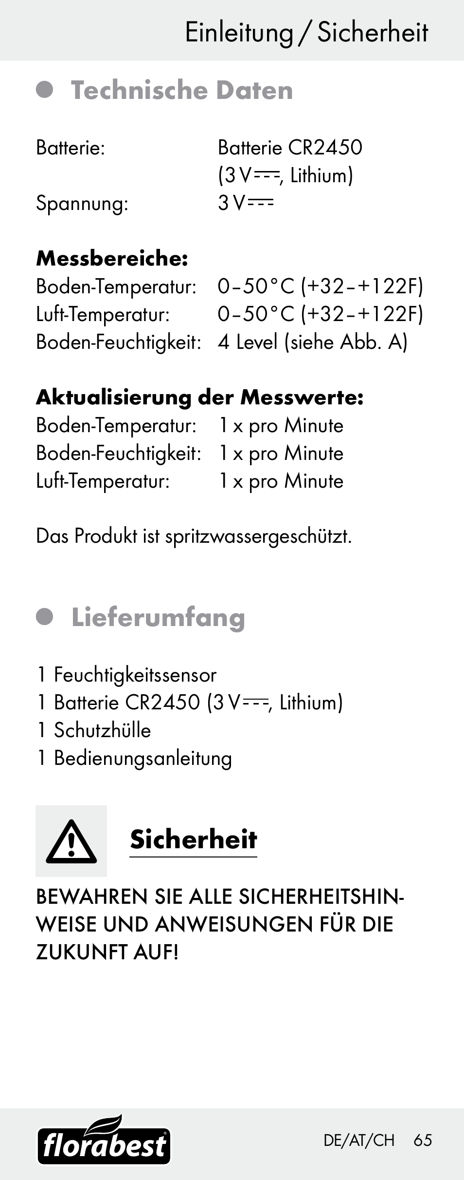 Einleitung / sicherheit, Technische daten, Lieferumfang | Sicherheit | Florabest H14335 User Manual | Page 65 / 76