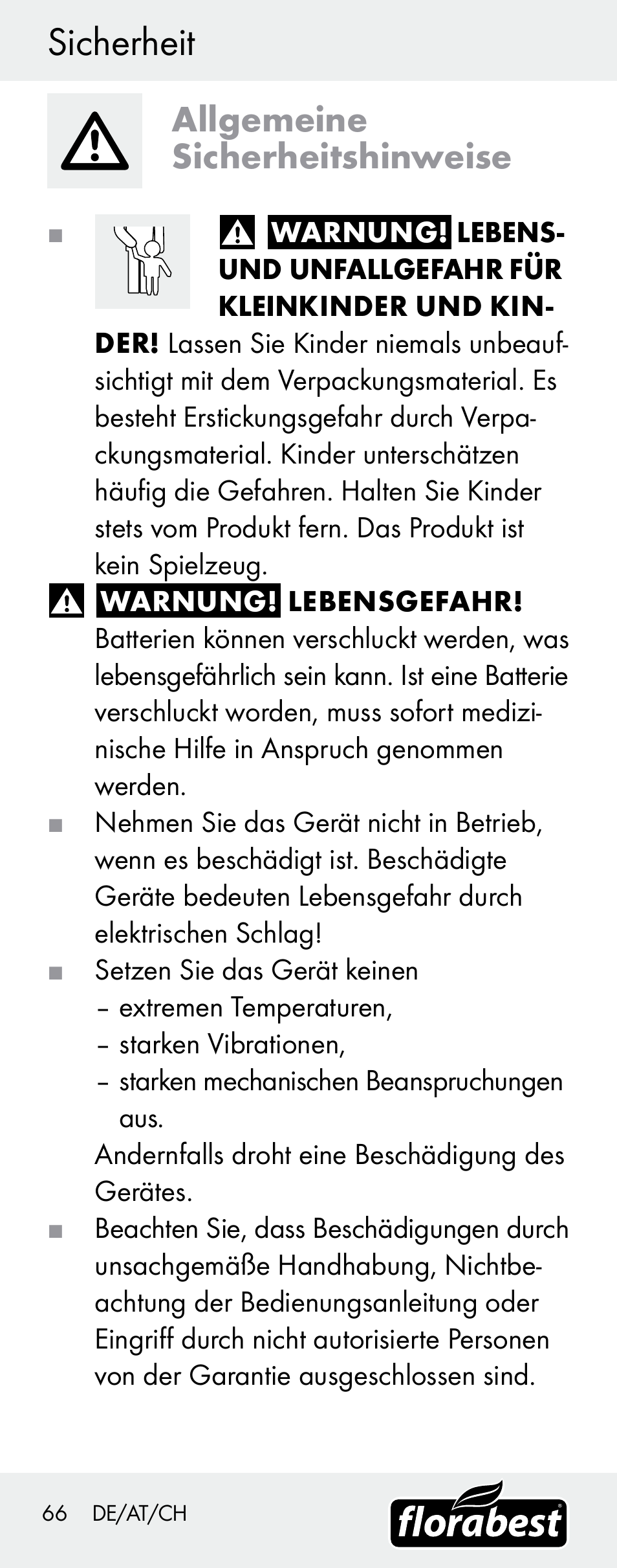 Sicherheit, Allgemeine sicherheitshinweise | Florabest H14335 User Manual | Page 66 / 76