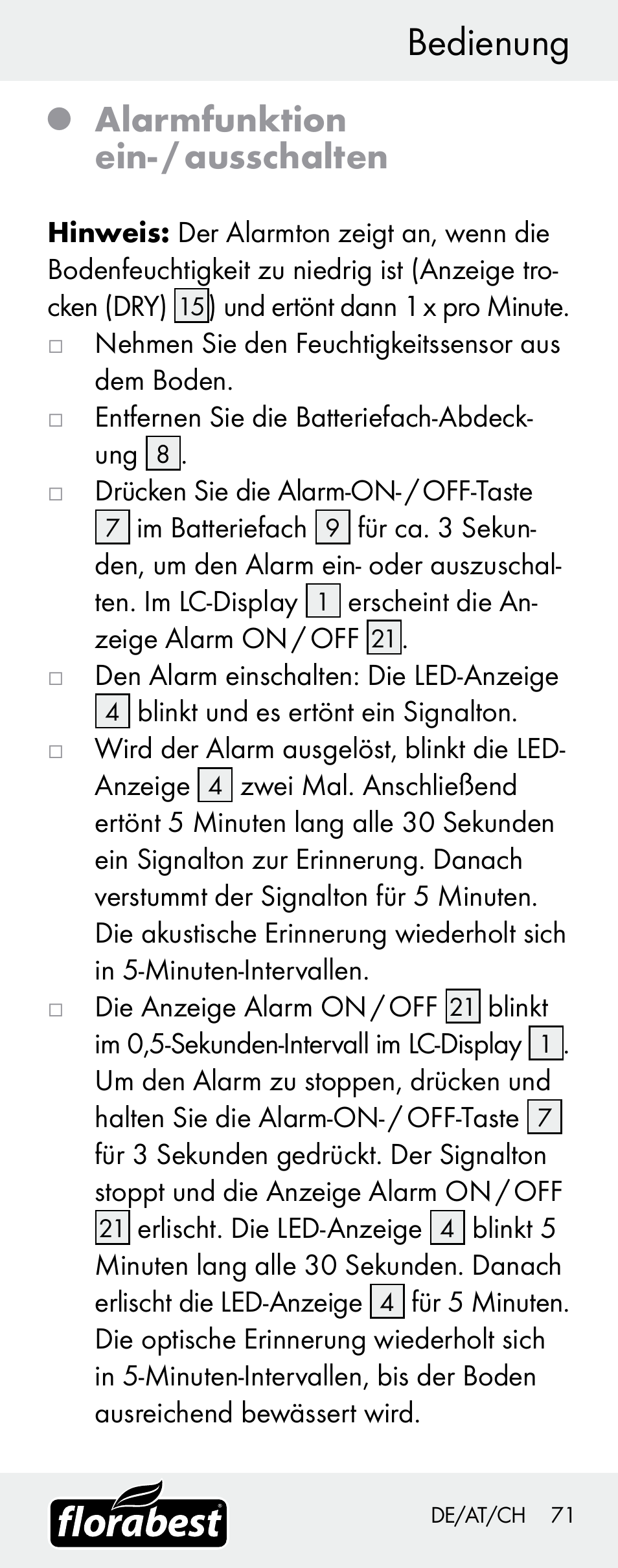 Bedienung, Alarmfunktion ein- / ausschalten | Florabest H14335 User Manual | Page 71 / 76