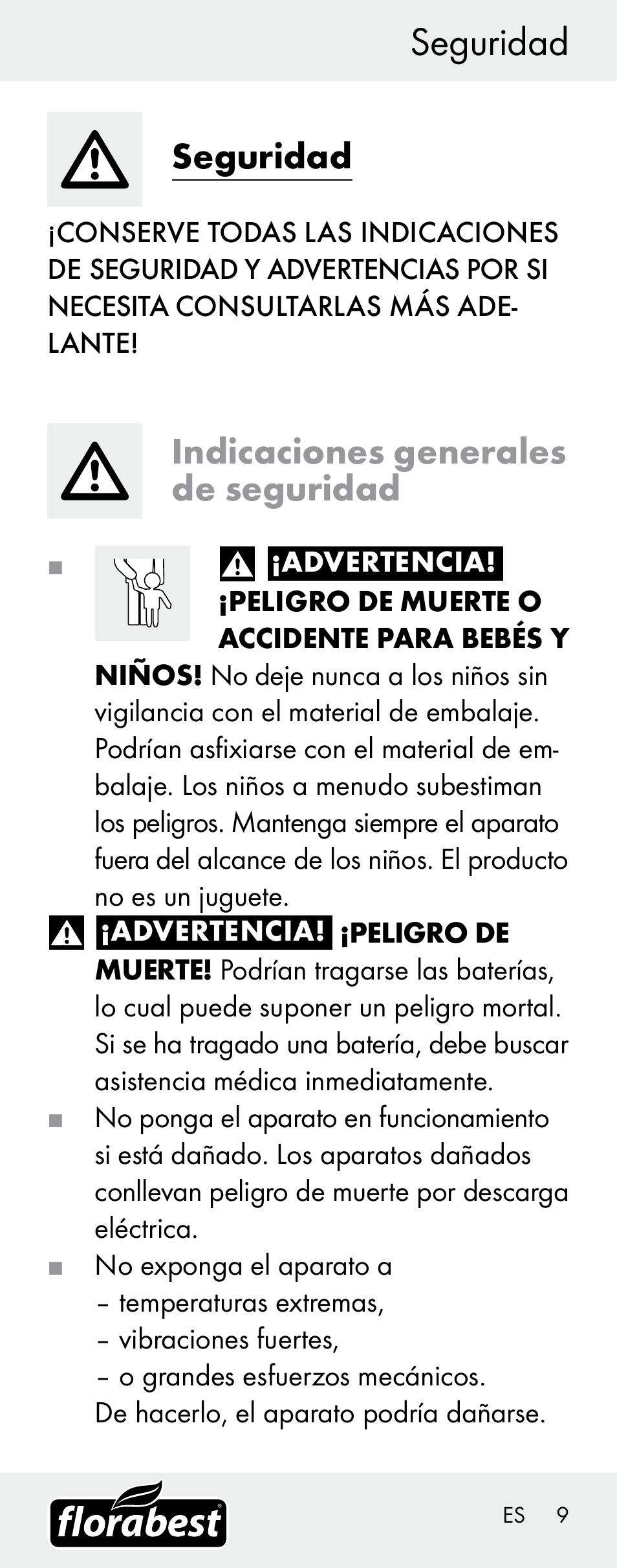 Seguridad, Indicaciones generales de seguridad | Florabest H14335 User Manual | Page 9 / 76