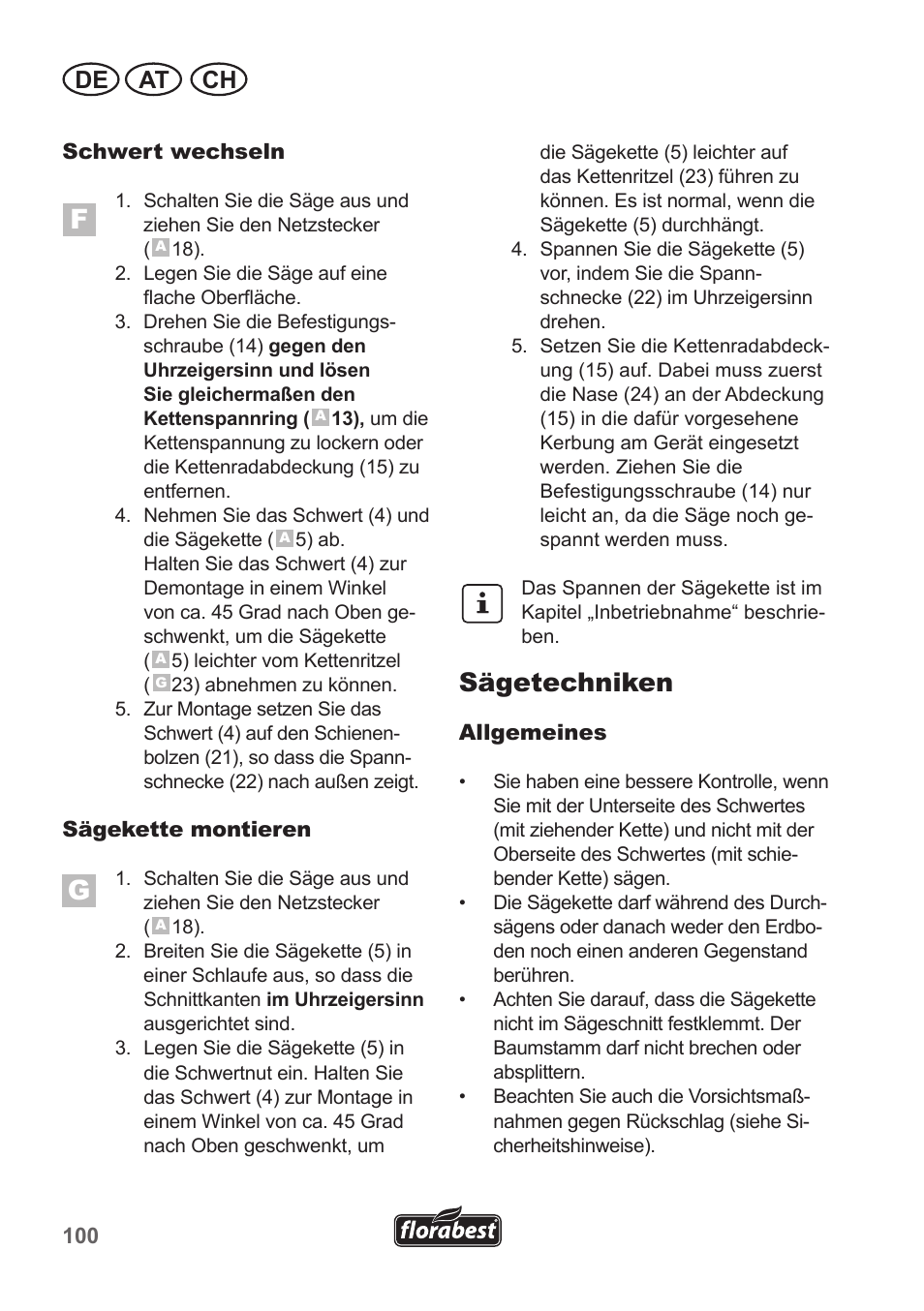 Sägetechniken, De at ch | Florabest FKS 2200 B1 User Manual | Page 100 / 118