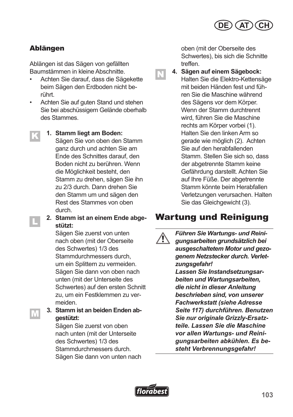 Wartung und reinigung, At ch de | Florabest FKS 2200 B1 User Manual | Page 103 / 118