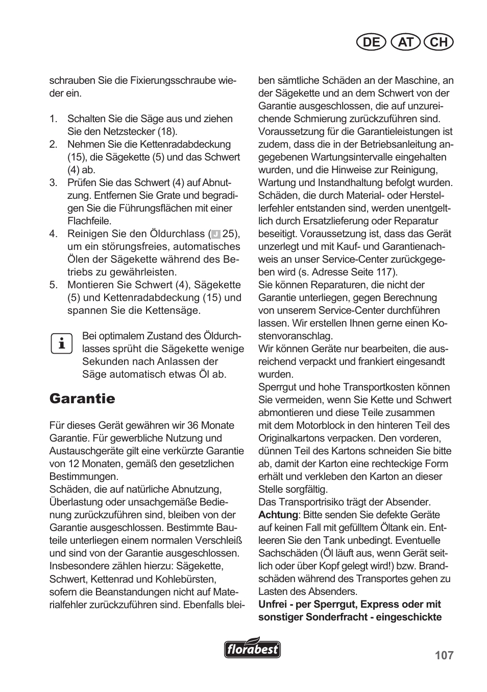 Garantie, At ch de | Florabest FKS 2200 B1 User Manual | Page 107 / 118