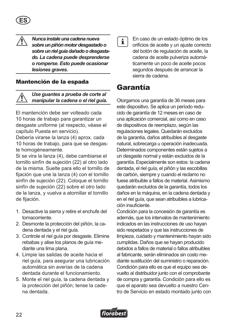 Garantía | Florabest FKS 2200 B1 User Manual | Page 22 / 118