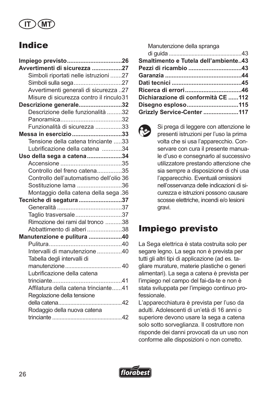 Impiego previsto, Indice, It mt | Florabest FKS 2200 B1 User Manual | Page 26 / 118