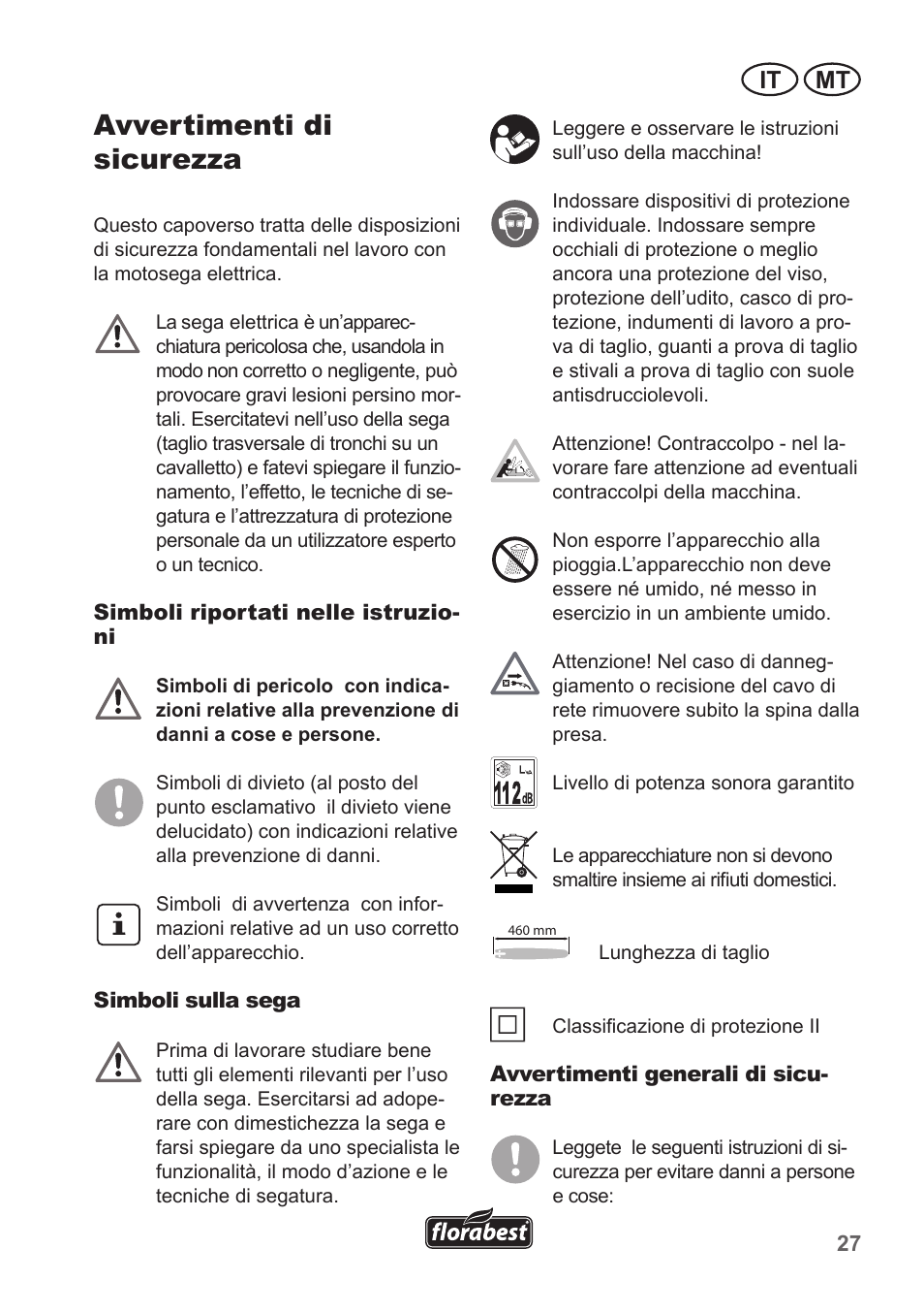 Avvertimenti di sicurezza, It mt | Florabest FKS 2200 B1 User Manual | Page 27 / 118