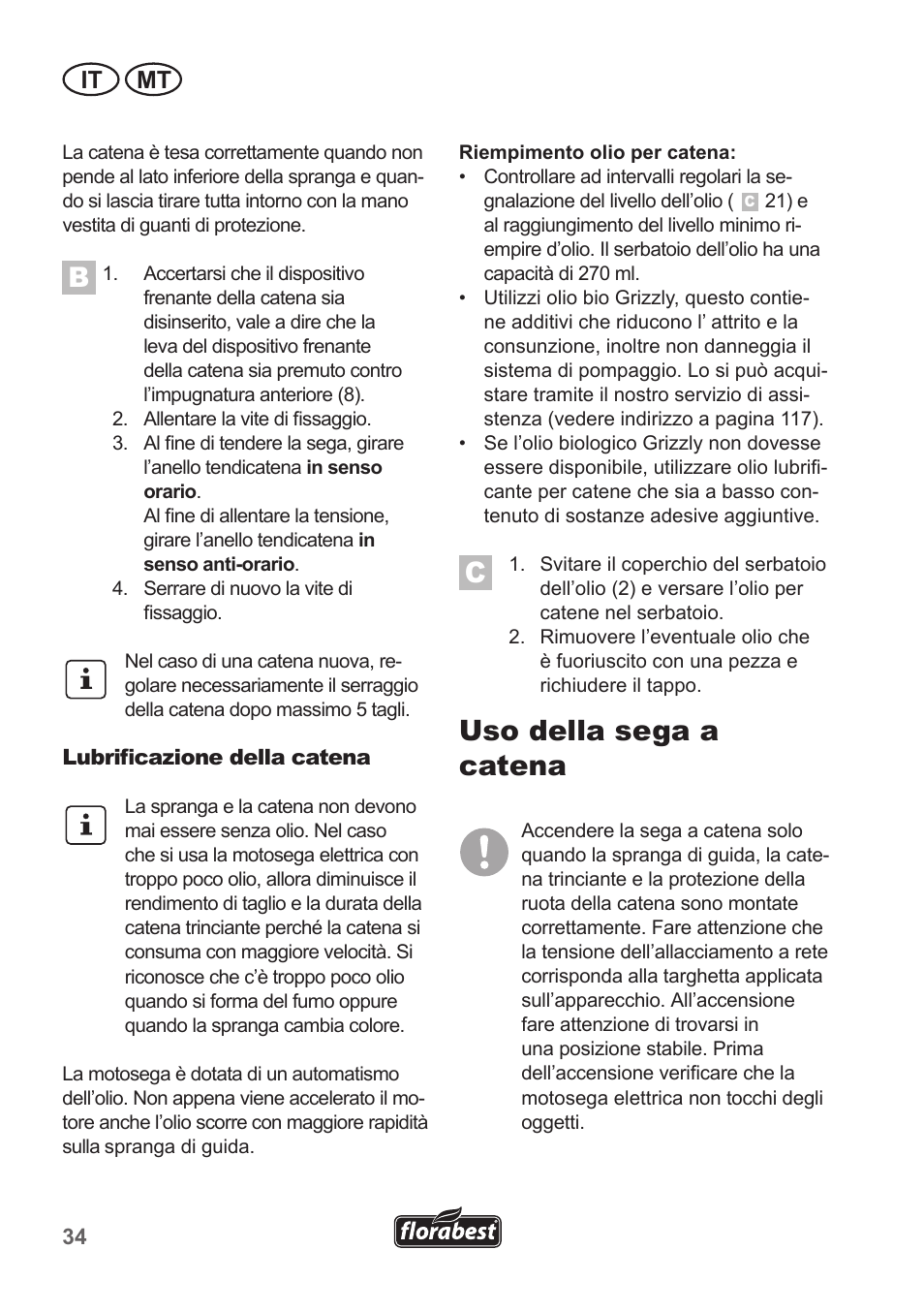 Uso della sega a catena, It mt | Florabest FKS 2200 B1 User Manual | Page 34 / 118