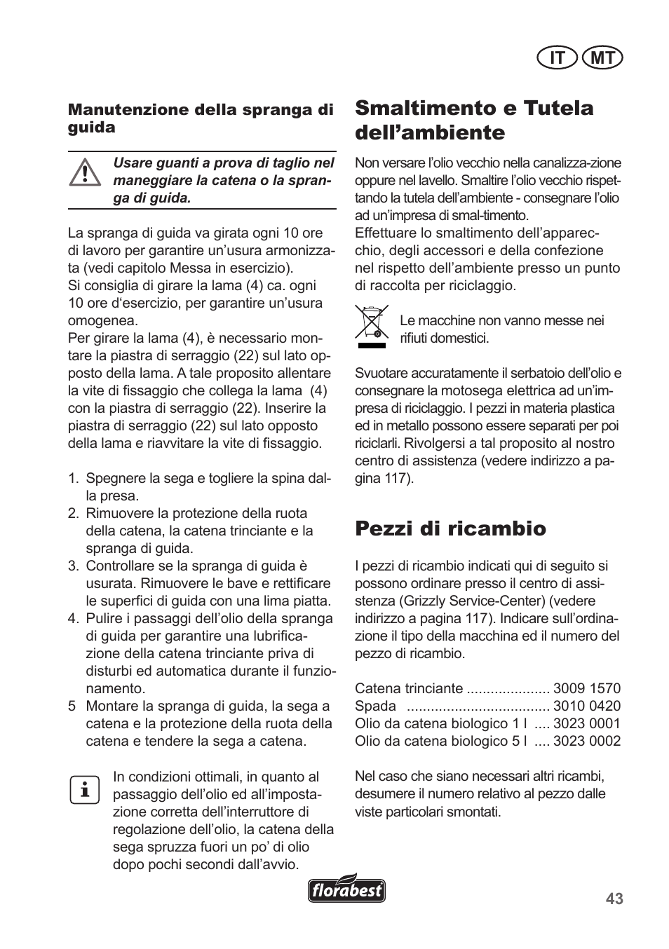 Smaltimento e tutela dell’ambiente, Pezzi di ricambio, It mt | Florabest FKS 2200 B1 User Manual | Page 43 / 118