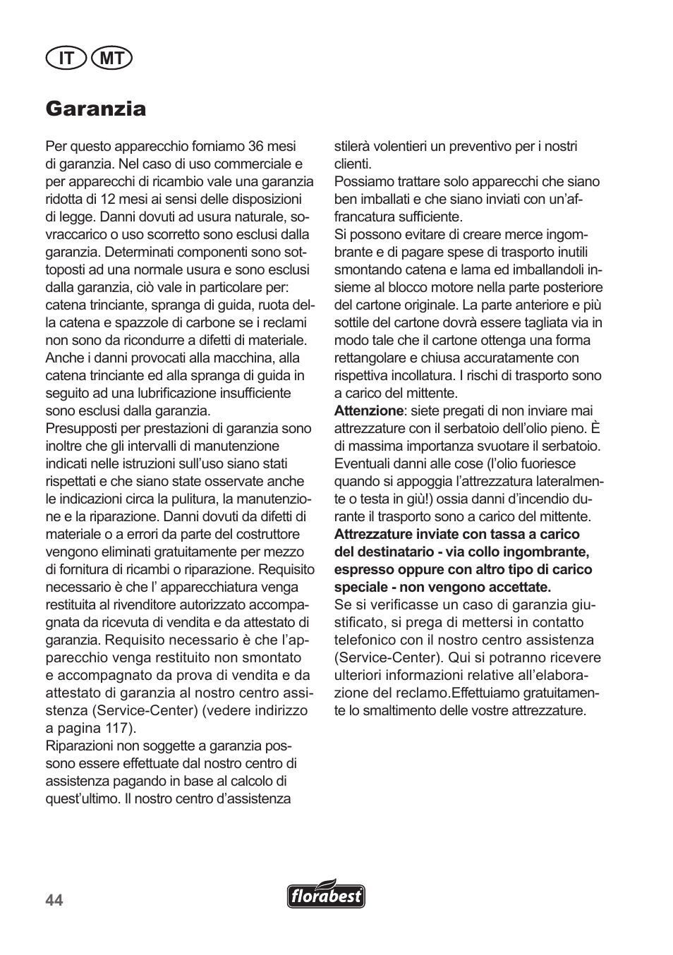 Garanzia, It mt | Florabest FKS 2200 B1 User Manual | Page 44 / 118