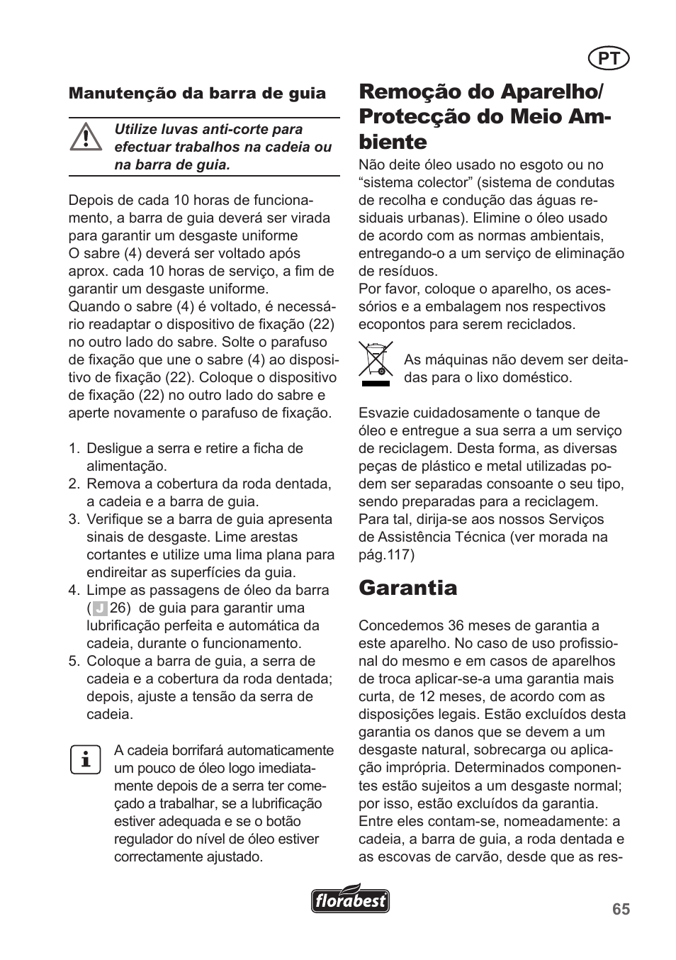 Remoção do aparelho/ protecção do meio am- biente, Garantia | Florabest FKS 2200 B1 User Manual | Page 65 / 118