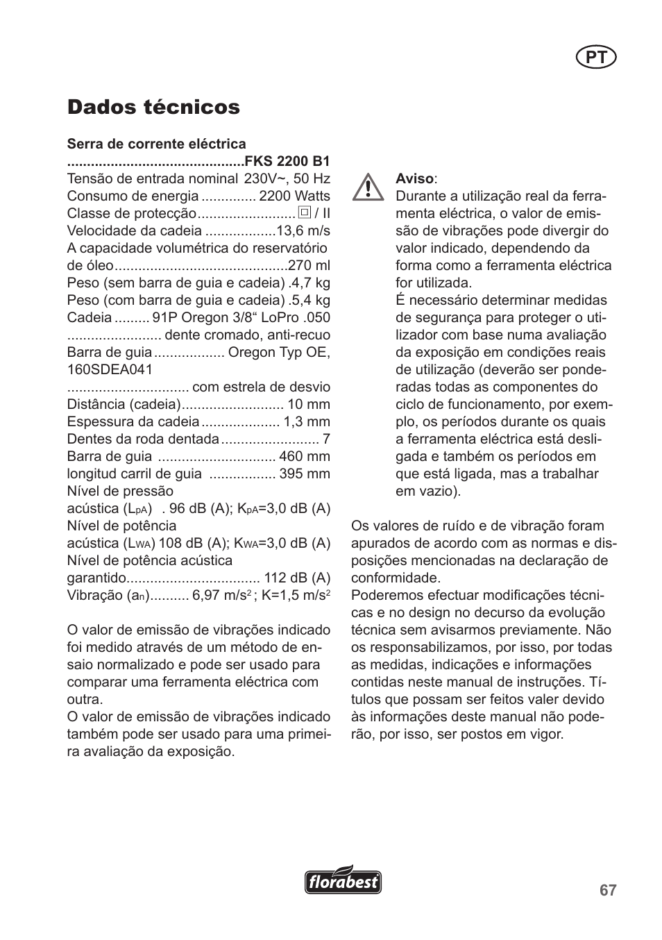 Dados técnicos | Florabest FKS 2200 B1 User Manual | Page 67 / 118