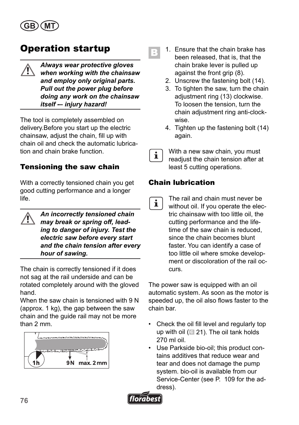 Operation startup, Gb mt | Florabest FKS 2200 B1 User Manual | Page 76 / 118