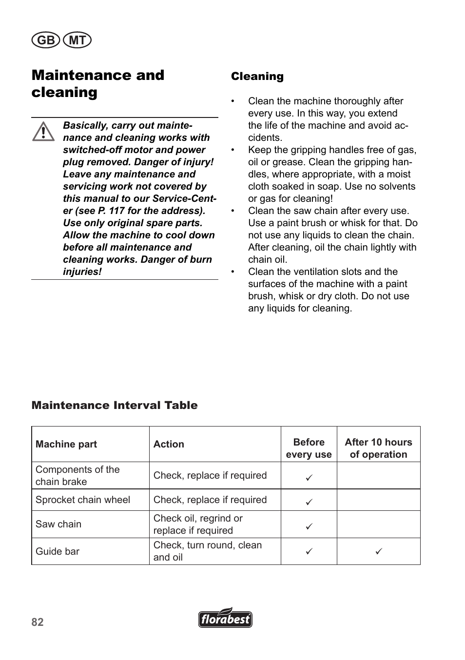 Maintenance and cleaning, Gb mt | Florabest FKS 2200 B1 User Manual | Page 82 / 118