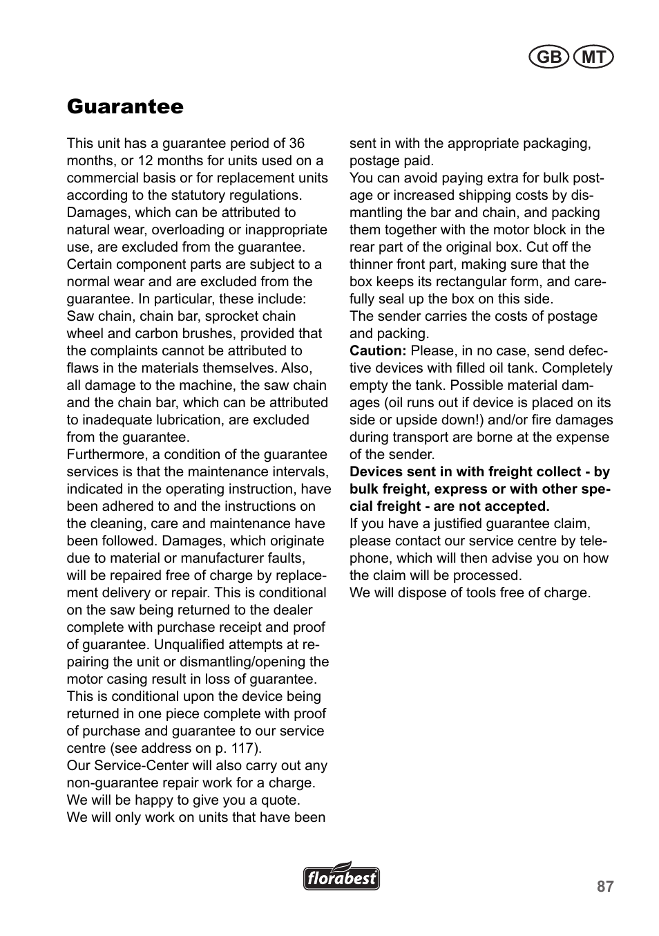 Guarantee, Gb mt | Florabest FKS 2200 B1 User Manual | Page 87 / 118