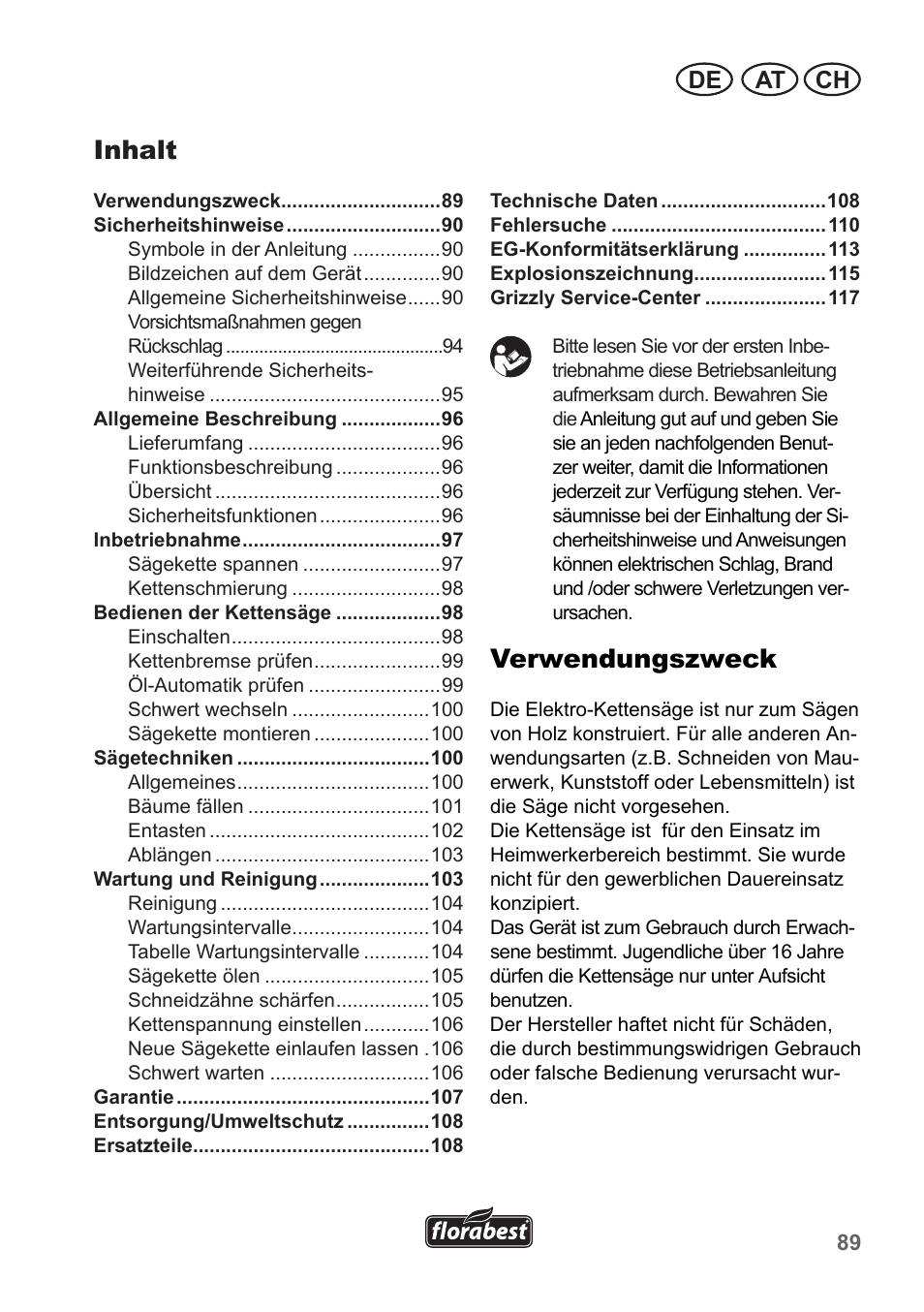 Inhalt, Verwendungszweck, At ch de | Florabest FKS 2200 B1 User Manual | Page 89 / 118