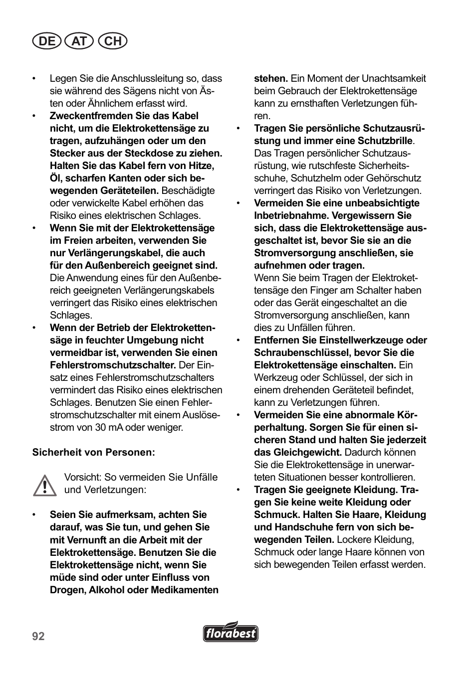 De at ch | Florabest FKS 2200 B1 User Manual | Page 92 / 118