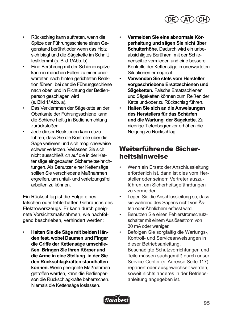 Weiterführende sicher- heitshinweise, At ch de | Florabest FKS 2200 B1 User Manual | Page 95 / 118