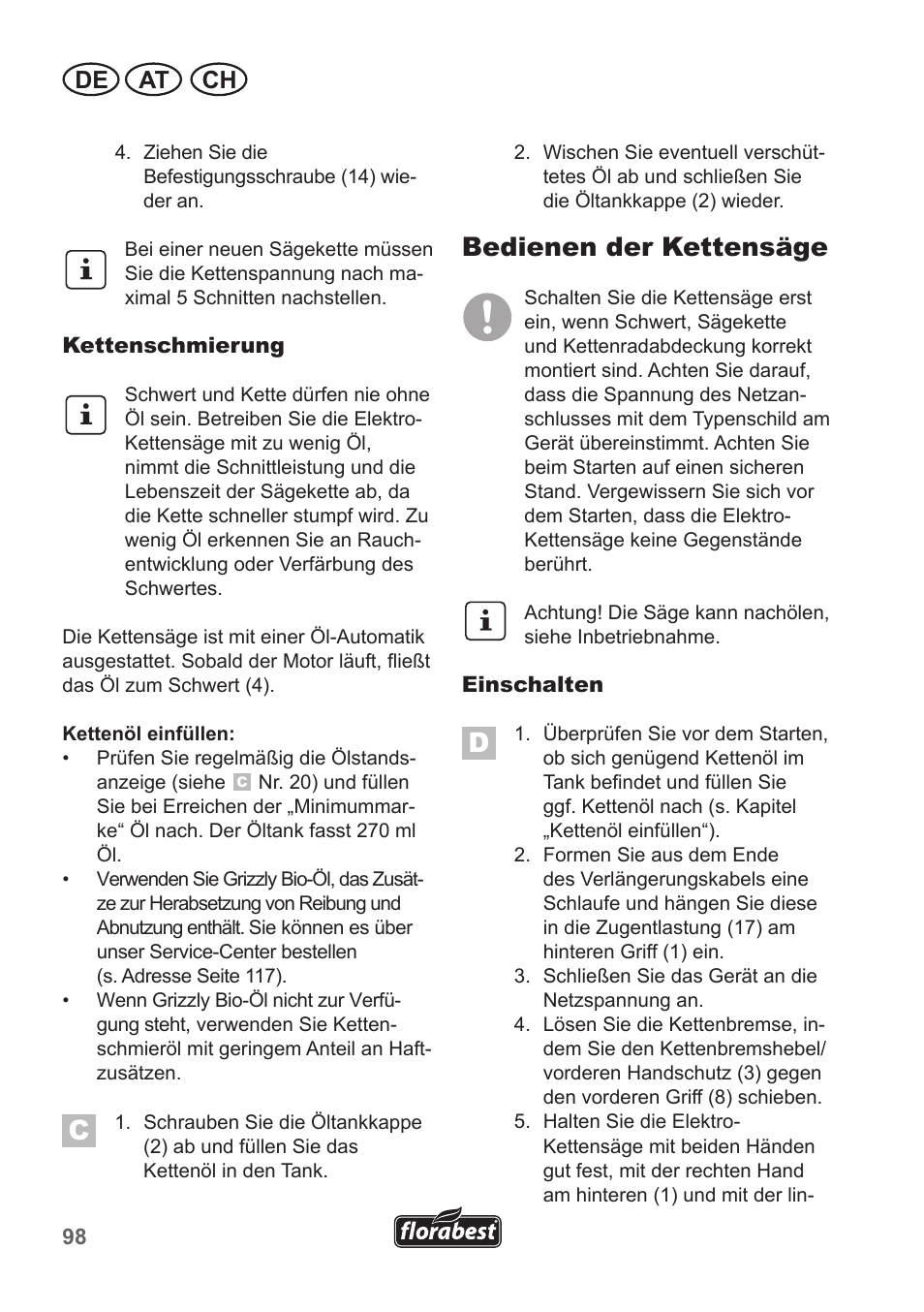 Bedienen der kettensäge, De at ch | Florabest FKS 2200 B1 User Manual | Page 98 / 118