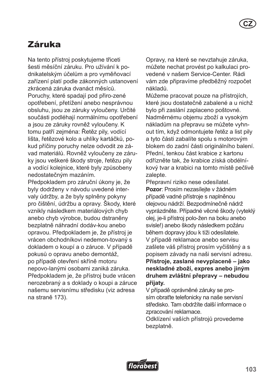 Záruka | Florabest FKS 2200 B1 User Manual | Page 103 / 174