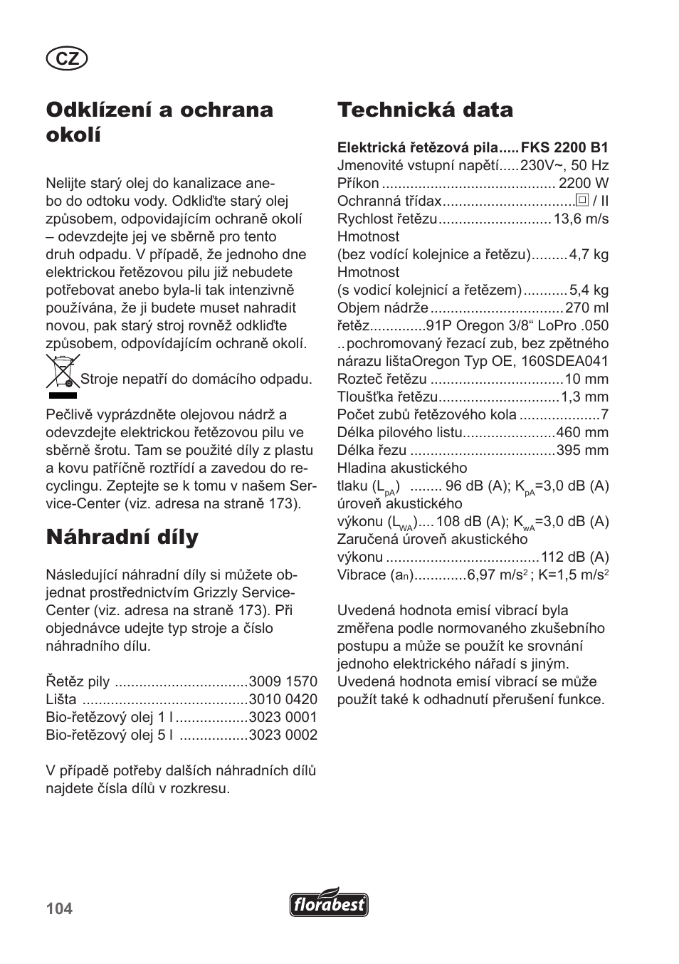 Odklízení a ochrana okolí, Náhradní díly, Technická data | Florabest FKS 2200 B1 User Manual | Page 104 / 174