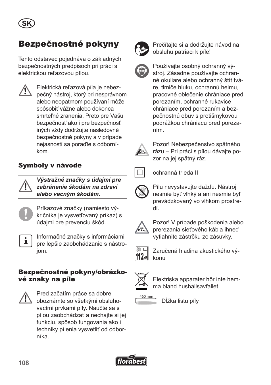 Bezpečnostné pokyny | Florabest FKS 2200 B1 User Manual | Page 108 / 174