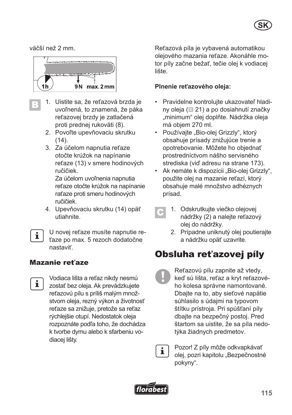 Obsluha reťazovej píly | Florabest FKS 2200 B1 User Manual | Page 115 / 174