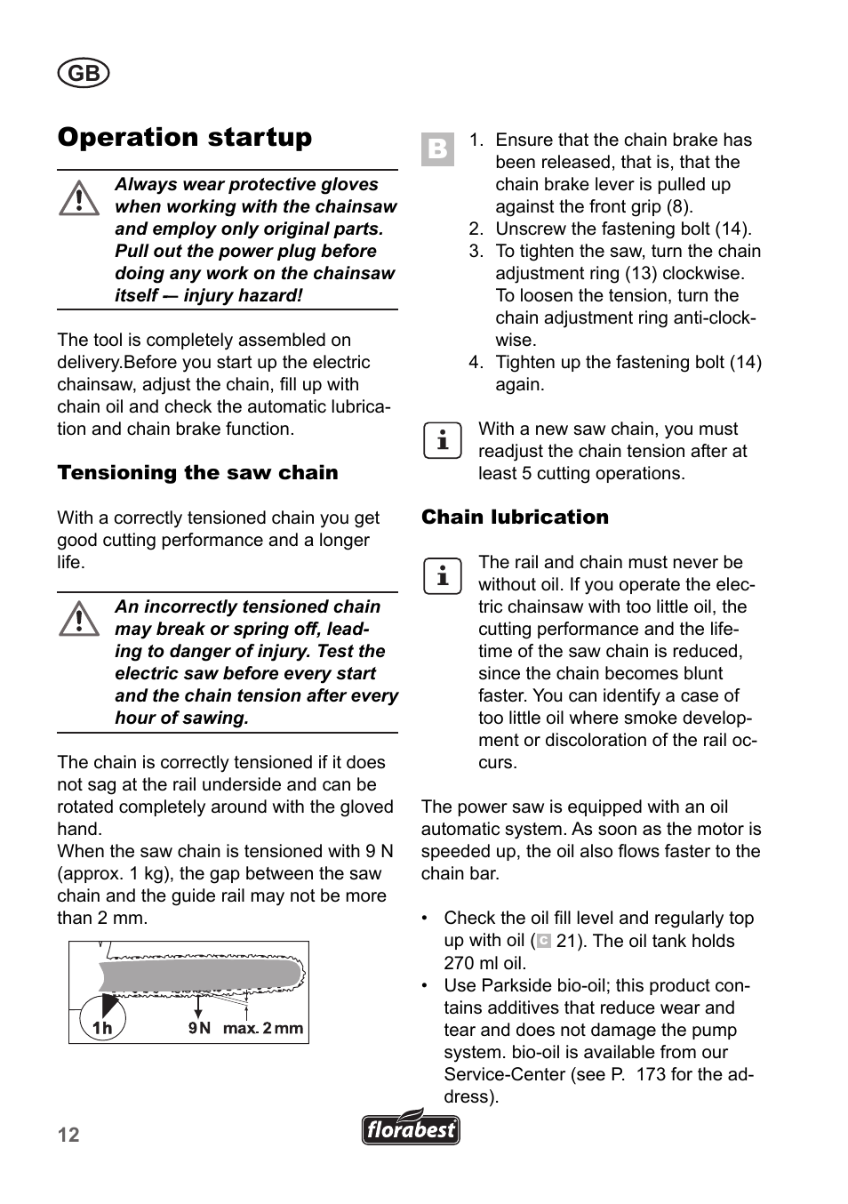 Operation startup | Florabest FKS 2200 B1 User Manual | Page 12 / 174